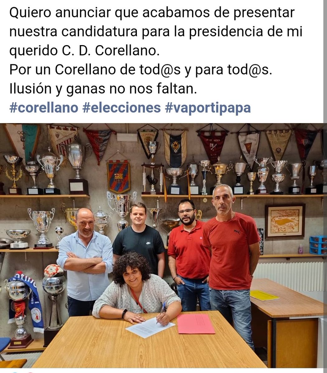 cdcorellano's tweet photo. Os dejamos la noticia del viernes pasado donde anunciamos nuestra candidatura a la presidencia del C.D.Corellano
#CDCorellano #Elecciones2022 #VaPorTiPapa 
Esta tarde, el primer compromiso de nuestro programa https://t.co/pUuQjXK2wc