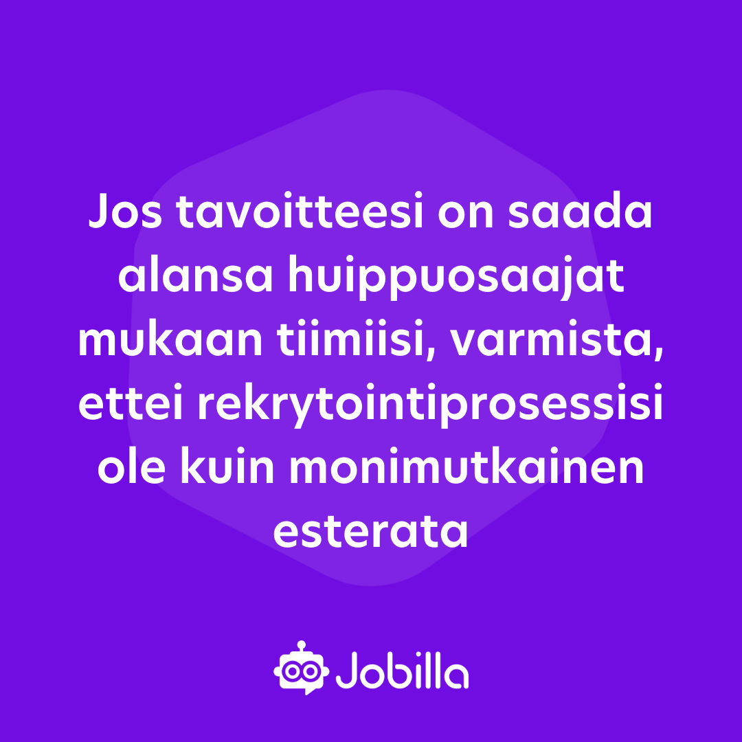 Kaipaako yrityksesi lisää alansa huippuosaajia? 🤩

❗️Liian usein tämä hieno tavoite tyssää siihen, että rekrytointiprosessi on kuin monimutkainen esterata, joka kandidaatin täytyy ylittää, jotta hän pääsee prosessiin mukaan. 

Lue lisää aiheesta tästä: hubs.la/Q019_BrZ0