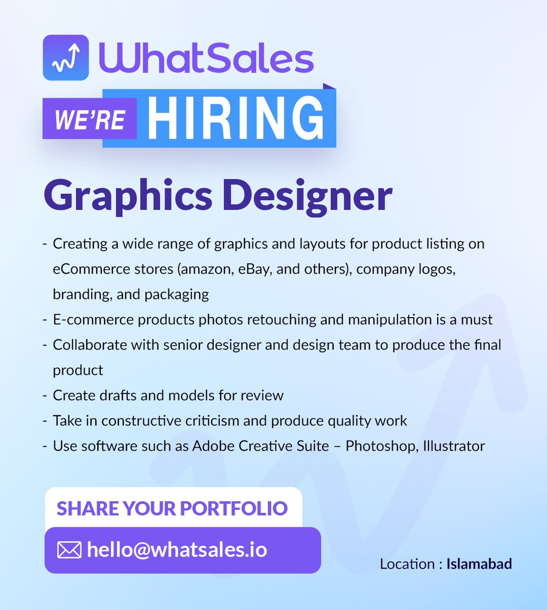 MyWhatSales's tweet image. This job is an office-based role only. Applicants who can travel to/for Sector F5 Islamabad and have atleast 1-3 years of experience can apply at: hello@whatsales.io

#Jobalert #hiringalert #contentwriterjob #islamabadjobs #WhatSales