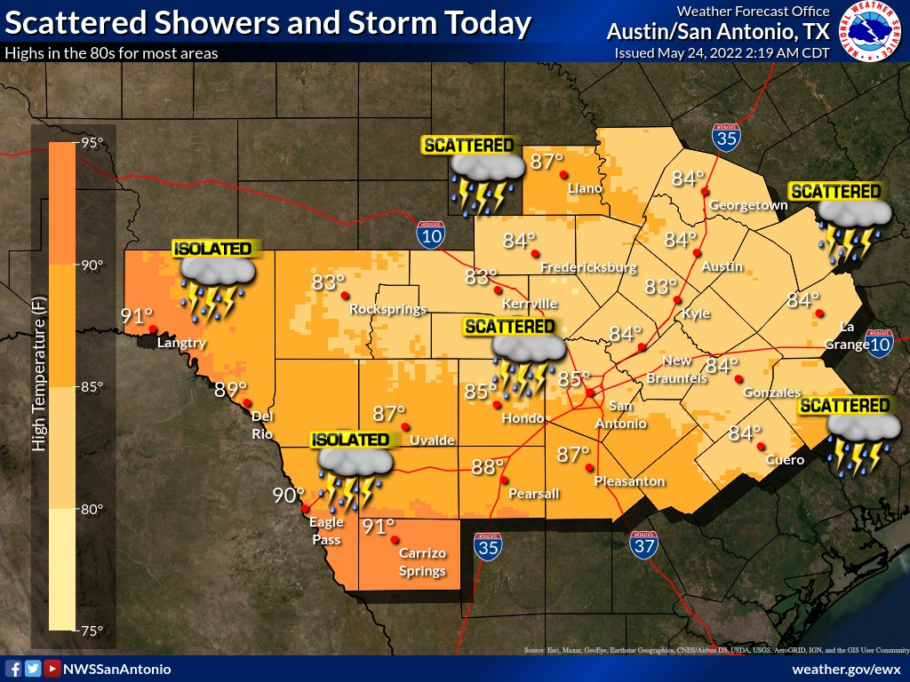 NWSSanAntonio's tweet photo. While most areas will stay rain free during the day today, our highest chance of rain comes tonight as a line of showers and storms is expected to impact the area. Some of these storms could be strong to severe with locally heavy rainfall. https://t.co/vfQ1GLbsSo