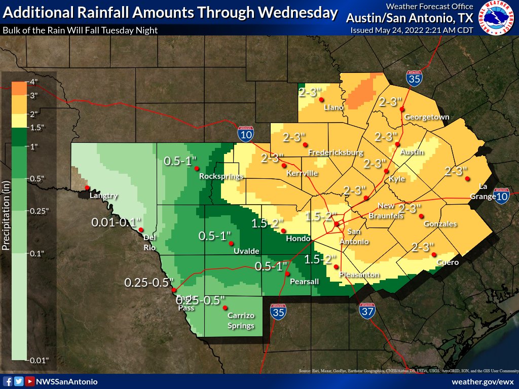 NWSSanAntonio's tweet photo. While most areas will stay rain free during the day today, our highest chance of rain comes tonight as a line of showers and storms is expected to impact the area. Some of these storms could be strong to severe with locally heavy rainfall. https://t.co/vfQ1GLbsSo