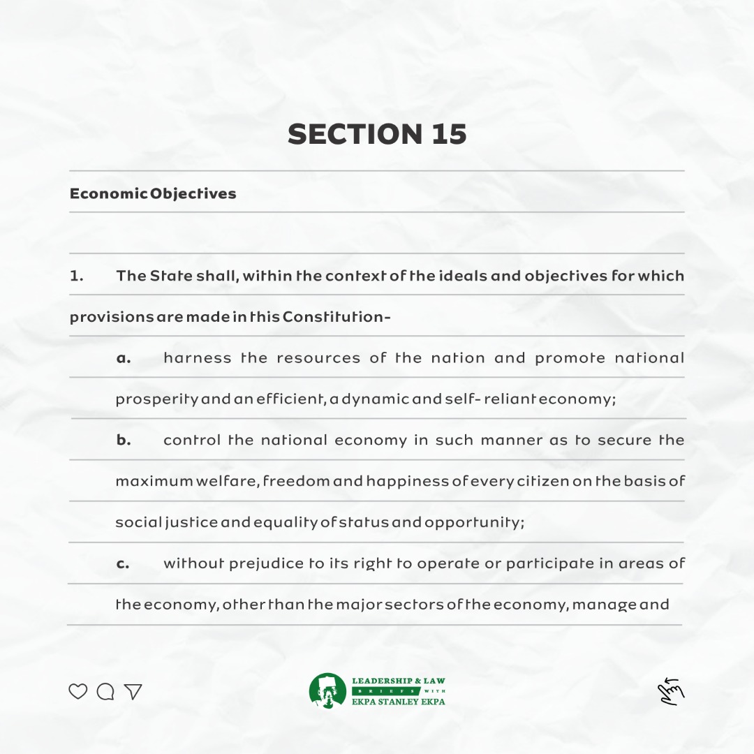 conclausesclass's tweet photo. Section 16 - Economic Objectives:
Section 16 of the constitution empowers the government to harness the resources of the Federal Republic of Nigeria and promote national prosperity, build an efficient, dynamic and self-reliant economy, https://t.co/ig45fnLruq