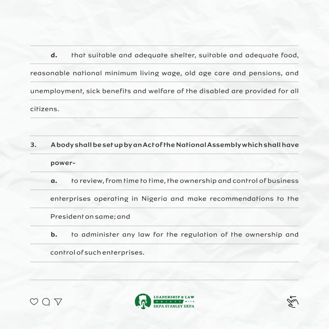 conclausesclass's tweet photo. Section 16 - Economic Objectives:
Section 16 of the constitution empowers the government to harness the resources of the Federal Republic of Nigeria and promote national prosperity, build an efficient, dynamic and self-reliant economy, https://t.co/ig45fnLruq