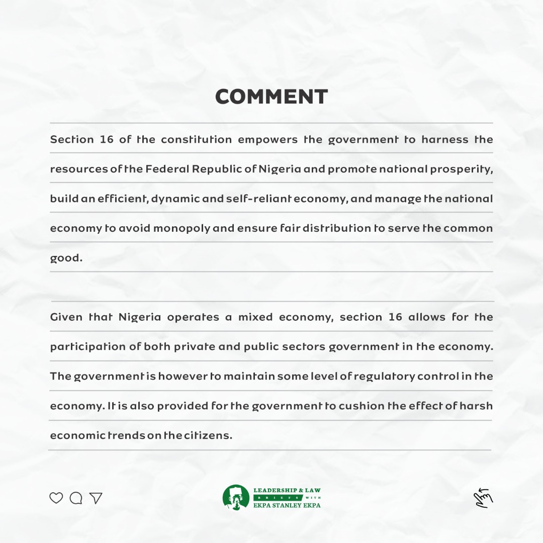 conclausesclass's tweet photo. and manage the national economy to avoid monopoly and ensure fair distribution to serve the common good. 

Given that Nigeria operates a mixed economy, section 16 allows for the participation of both private and public sectors government in the economy. https://t.co/rYF4DQI6p1