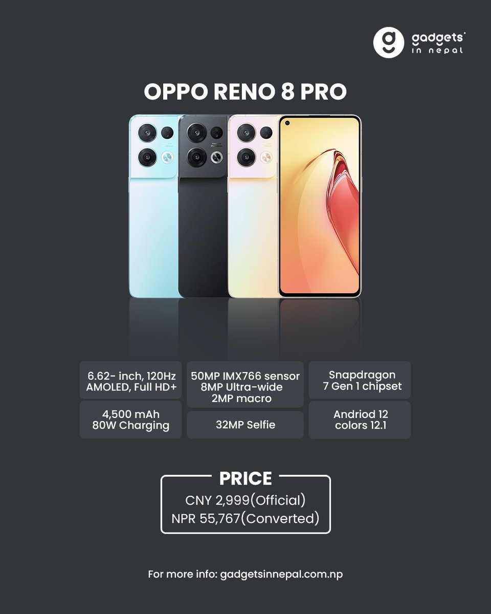 Oppo Reno 8 Pro featuring new Snapdragon 7 gen 1 Chipset.
Read More: gadgetsinnepal.com.np/oppo-reno-8-pr…
#oppo #Reno8Pro #snapdragon7gen1 #technews #GadgetsInNepal