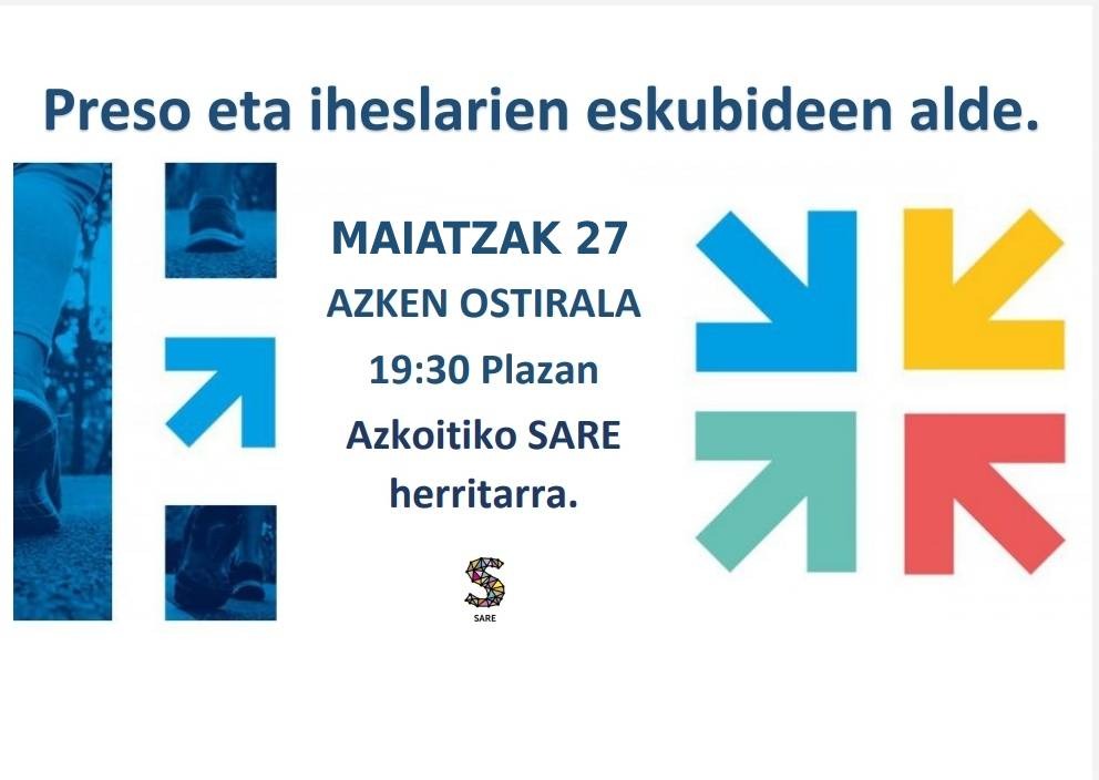 SareAzkoitia's tweet photo. Iristear dago maiatzeko azken ostirala. Horregatik, ostiral honetan, maiatzak 27, arratsaldeko 19:30ean Azkoitiko plazan elkarretaratzea egingo dugu. Bertan ikusiko dugu elkar! #IzanBidea #BideaGara #DenakEtxera https://t.co/Q8bQvQTRU8