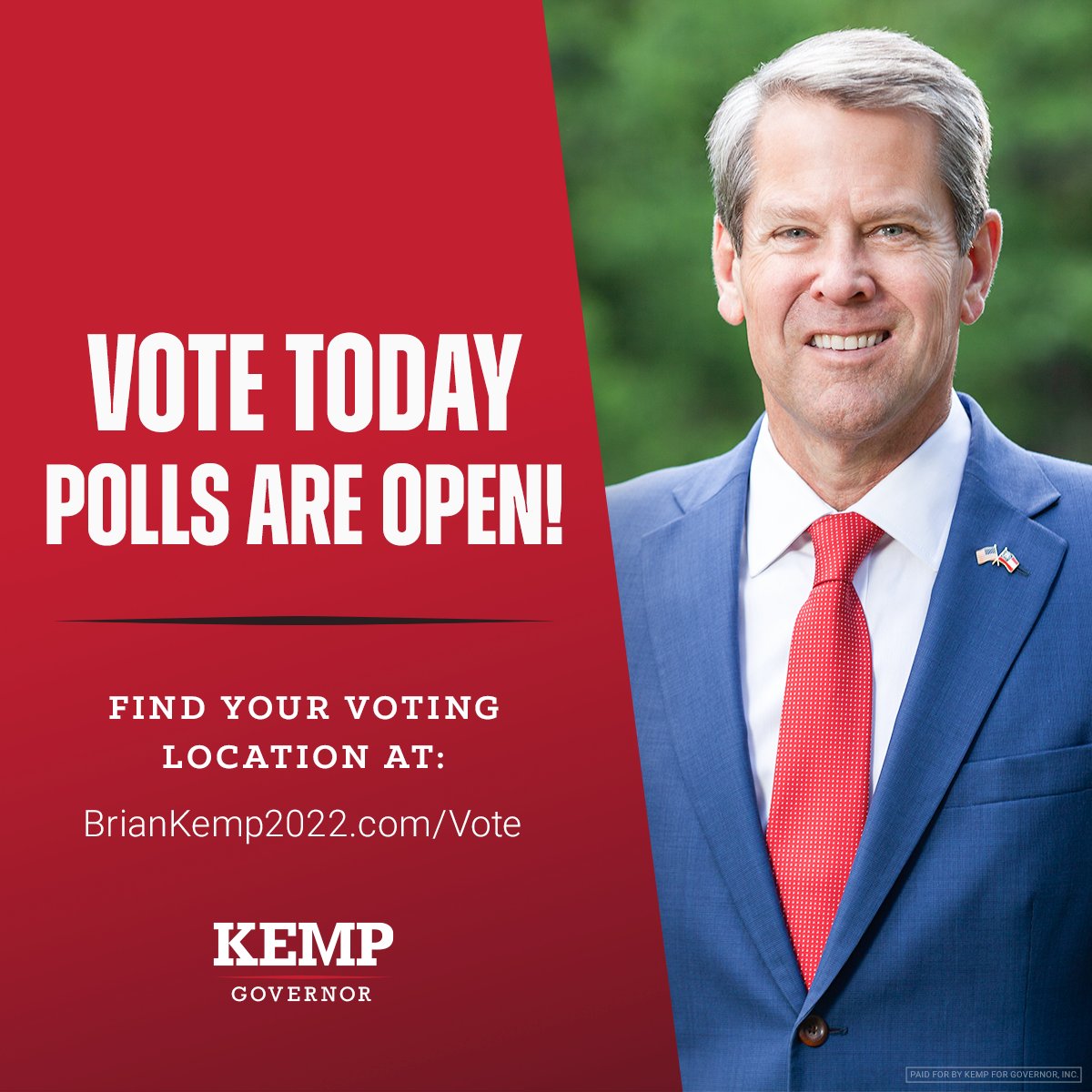 BrianKempGA's tweet photo. POLLS ARE OPEN UNTIL 7PM!
Today is the Republican primary election. VOTE today to keep Governor Kemp fighting for Georgia.

Find your voting location: https://t.co/IcmYW4hhHL https://t.co/RSl7u7g5hw