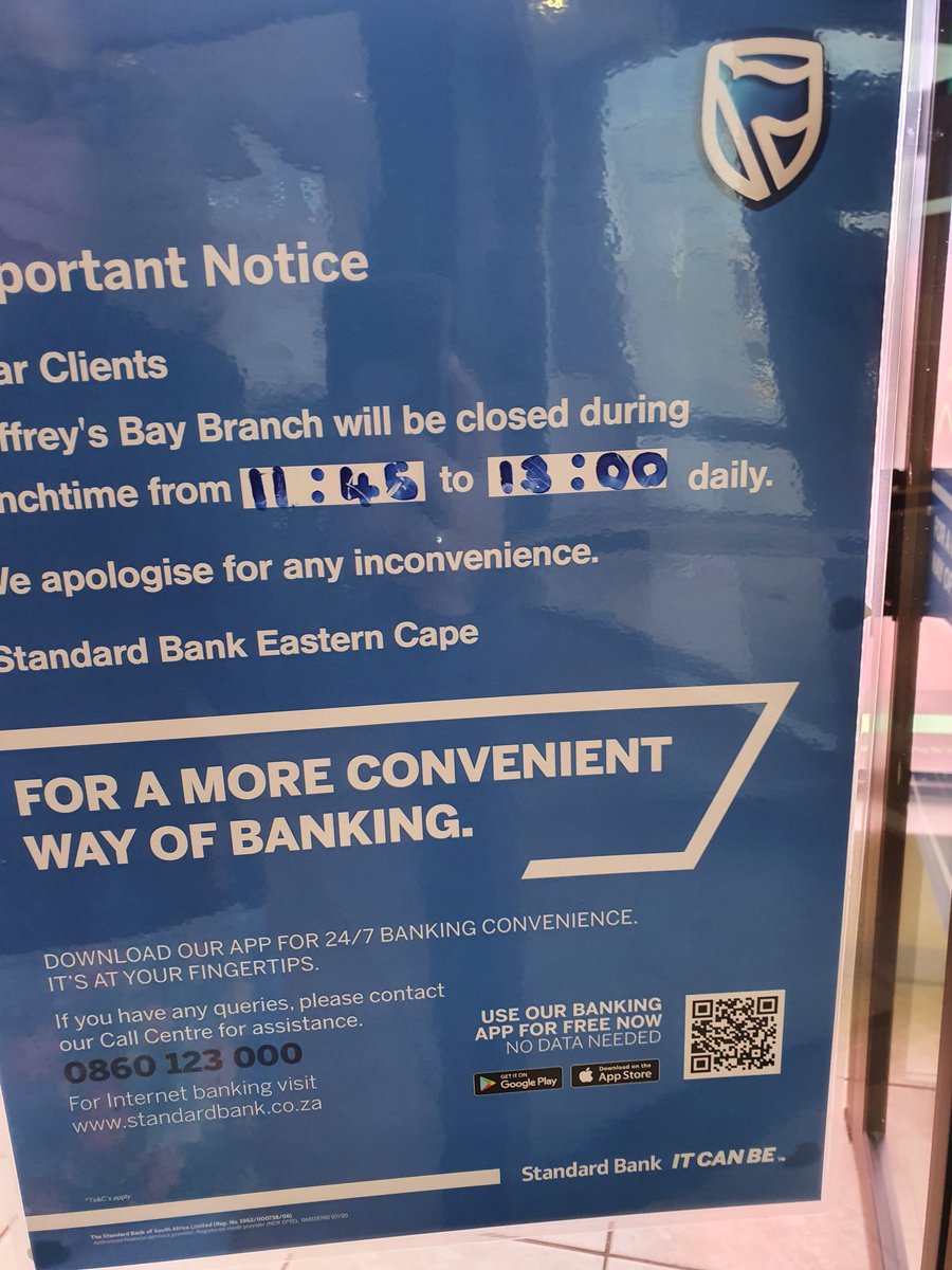In this day and age... I ask you? Absolutely mind blowing that this #standardbank branch is closed for lunch 11:45 to 13:00. 

My interactions with #standardbank has been nothing but frustrating.