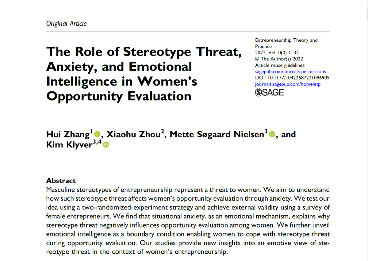 ETPjournal's tweet photo. A new study published online regarding gender stereotypes and opportunity recognition "The Role of Stereotype Threat, Anxiety, and Emotional Intelligence in Women’s Opportunity Evaluation" by Hui Zhang, Xiaohu Zhou, Mette Søgaard Nielsen, and Kim Klyver https://t.co/FlMV6wgaWS https://t.co/D1LOVhf0DC