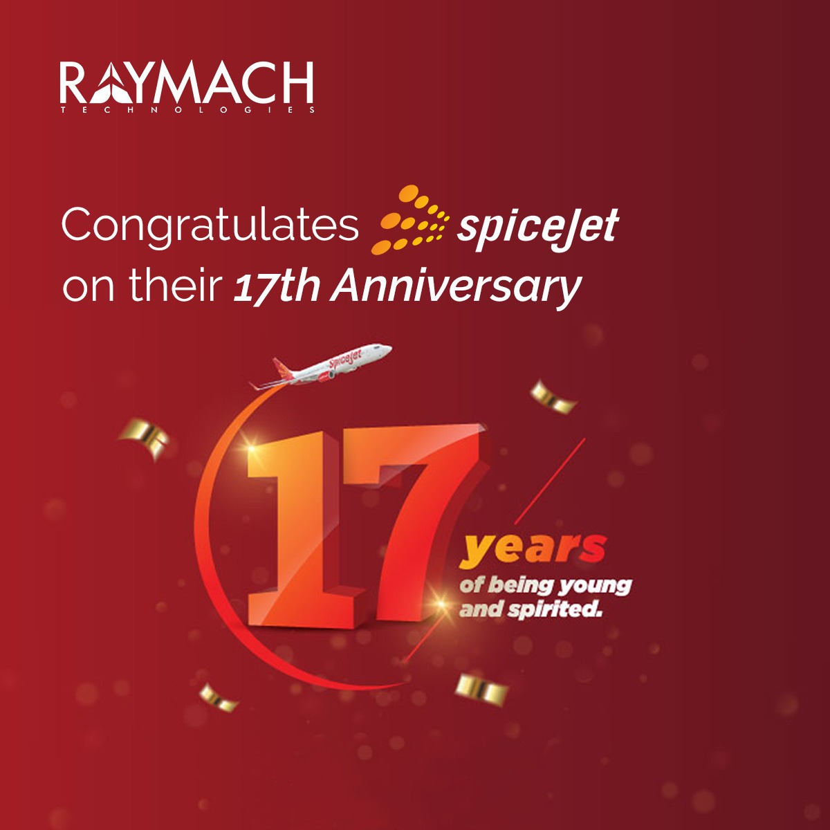 RaymachTech's tweet photo. RayMach Technologies congratulates @flyspicejet for its successful journey spanning 17 years.
We send the best wishes to the Team of SpiceJet, for their 17th Anniversary.
#FlySpiceJet #RedHot17 #SpiceJet #Anniversary #RayMachTech https://t.co/2HfR8OsnMy