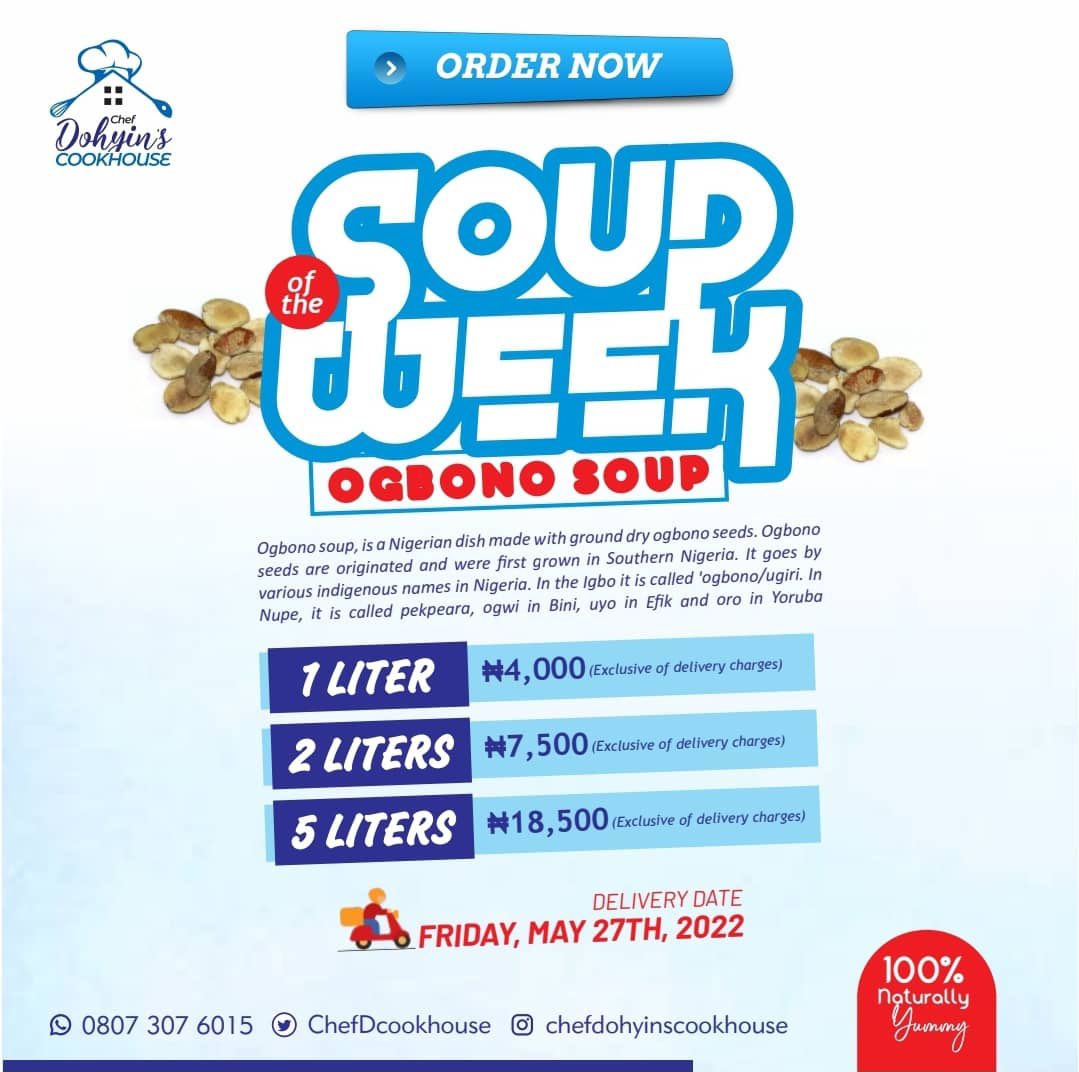ChefDCookhouse's tweet image. Our soup of the week is Ogbono soup🥳🥳🥳🥳
Start placing your orders now !
#ogbono #ogbonosoup #nigerianfood #nigeriansoups #lagosbusiness #lagosvendor #foodvendorsinmagodo #foodie