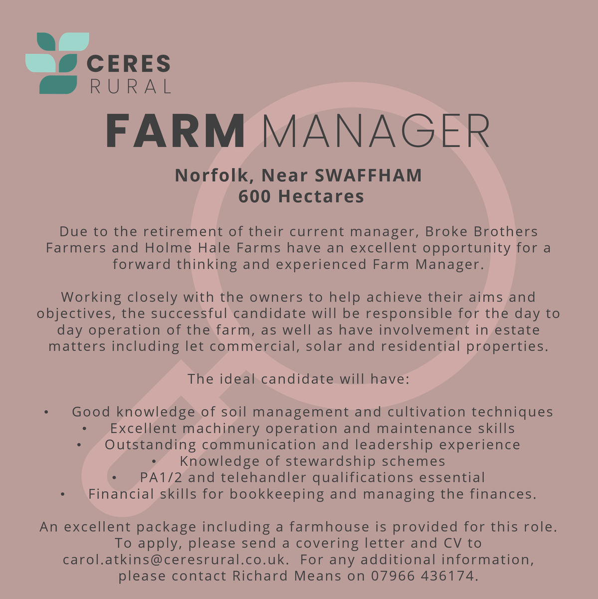 ceresrural's tweet photo. FANTASTIC OPPORTUNITY! We are helping recruit a Farm Manager for an estate near Swaffham, Norfolk. Think you have got what it takes? Follow the contact details provided.
#ceresrural #recruitmentservices #farmmanagement #ruraljobs #freshchallenge #norfolk https://t.co/qsh2jzVrL9