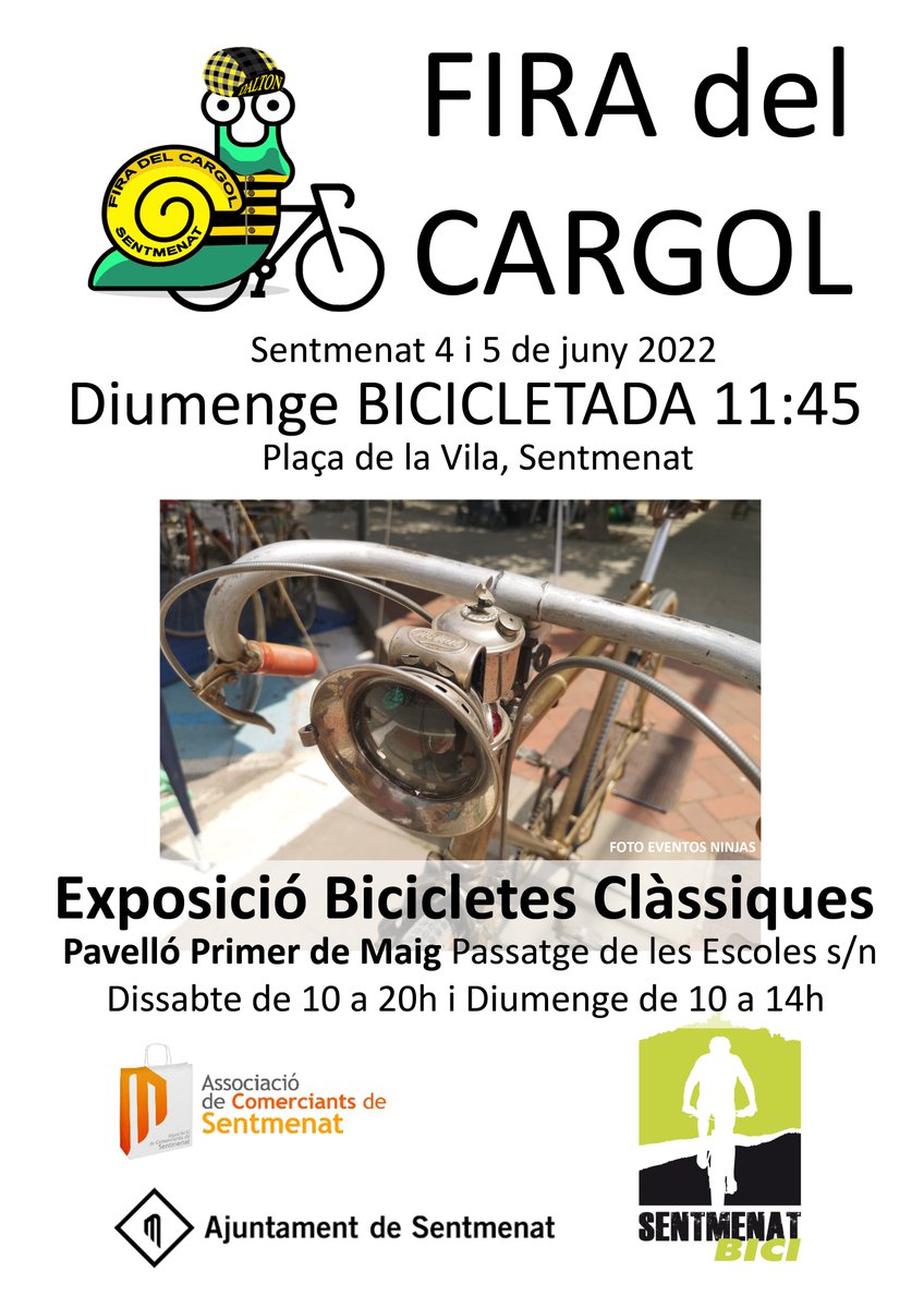 AjSentmenat's tweet photo. 🚵‍🐌 En el marc de la fira del Cargol dels pròxims 4 i 5 de junt Sentmenat Bici organitza una bicicletada pel diumenge 5.

📍⏰ Des de la plaça de la vila a les 11:45 h.

A més, tant dissabte com diumenge hi haurà al pavelló primer de maig una exposició de bicicletes clàssiques. https://t.co/3NcmKrvhRJ