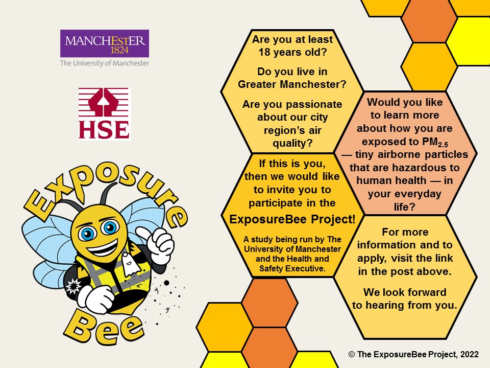 Dr Jackie Morton (@jackiem58561569) on Twitter photo Volunteers required if you live in Greater Manchester, please consider taking part! 'Exposure Bee' is a PhD project investigating exposure to airborne particles <a href="/UoM_MERI/">UoM_MERI</a> & <a href="/H_S_E/">Health and Safety Executive</a> <a href="/CSA_HSE/">Professor Andrew Curran CBE</a> <a href="/AshtonInstitute/">Thomas Ashton Institute for Risk & Regulation</a> More information link here here facebook.com/exposurebee Volunteers required if you live in Greater Manchester, please consider taking part! 'Exposure Bee' is a PhD project investigating exposure to airborne particles <a href="/UoM_MERI/">UoM_MERI</a> & <a href="/H_S_E/">Health and Safety Executive</a> <a href="/CSA_HSE/">Professor Andrew Curran CBE</a> <a href="/AshtonInstitute/">Thomas Ashton Institute for Risk & Regulation</a> More information link here here facebook.com/exposurebee