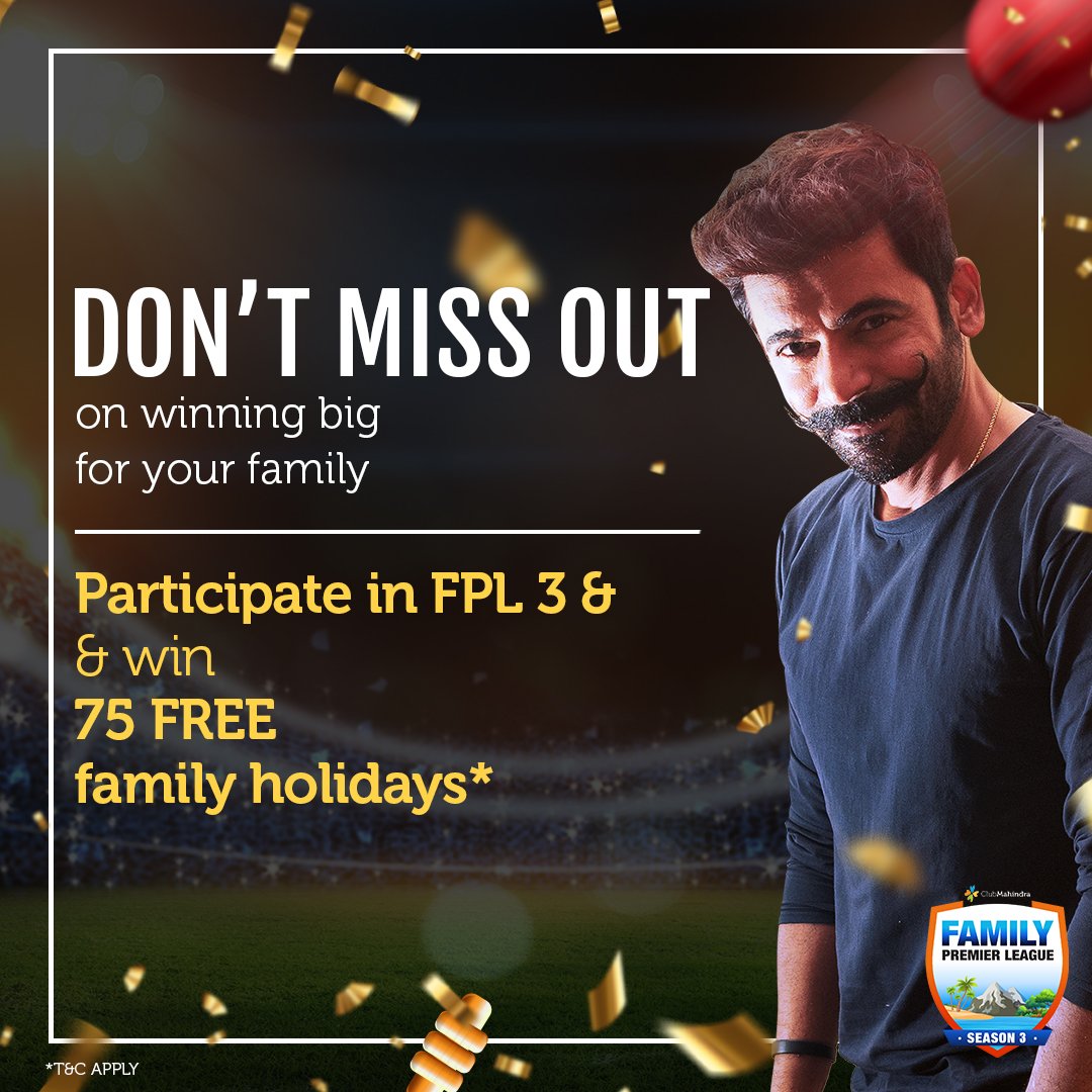 clubmahindra's tweet photo. Participate in the #FamilyPremierLeague3 & win holidays!*
Steps to participate:
1) Visit https://t.co/GfQHGYZFzL
2) Pick a holiday team
3) Upload a picture
4) Win 75 family holidays*
Contest ends: 30th June 2022
*T&C Apply
#FPL3 https://t.co/3ePIH356JZ