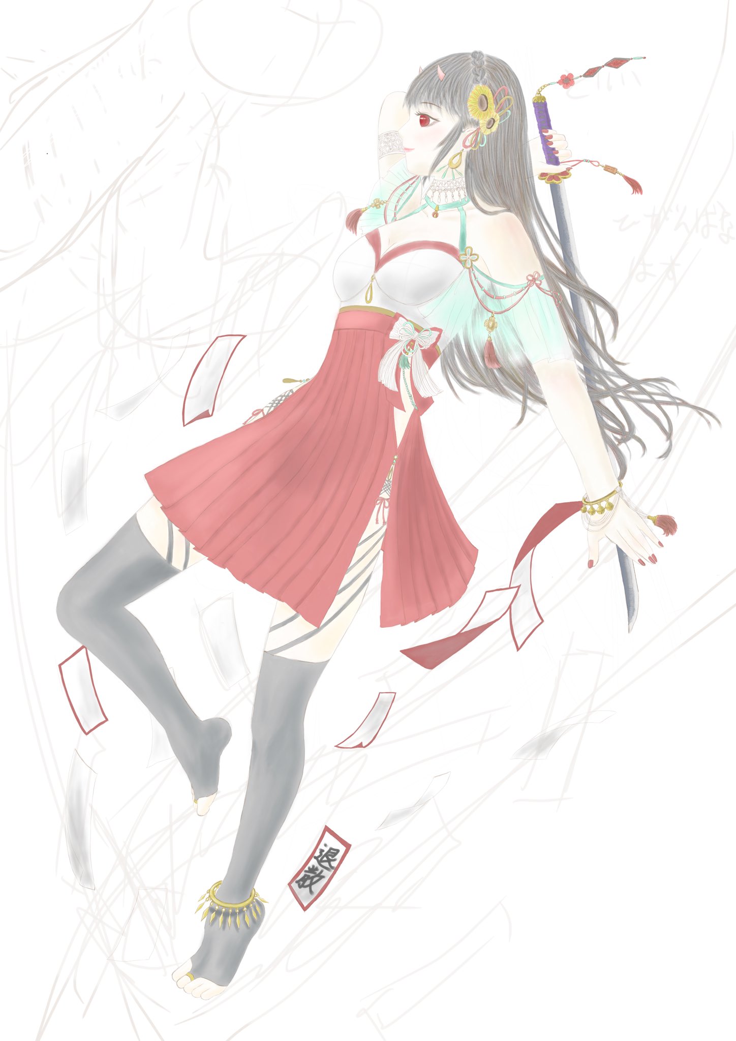 Ikke 絵描き 鬼の女の子 和風イラスト 鬼なのに巫女さん風になってしまった 大体色塗り終わったので 背景に取り掛かる 足元には 陰陽師が使ってそうなお札を描くつもり 絵描きさんと繋がりたい Drawing Illustration Art Japan T Co