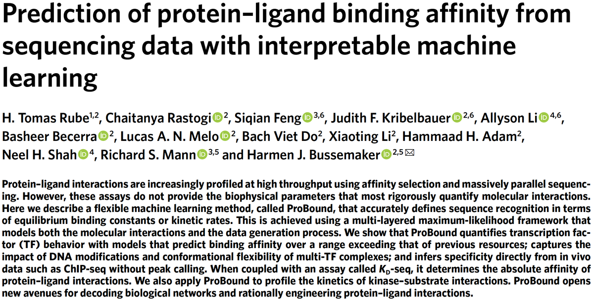 Harmen Bussemaker (@harmenbussemkr) on Twitter photo Our new biophysically interpretable machine learning approach has been published by <a href="/NatureBiotech/">Nature Biotechnology</a>. This was a great collaborative effort. go.nature.com/3lAJlTZ bussemakerlab.org #ProBound Our new biophysically interpretable machine learning approach has been published by <a href="/NatureBiotech/">Nature Biotechnology</a>. This was a great collaborative effort. go.nature.com/3lAJlTZ bussemakerlab.org #ProBound