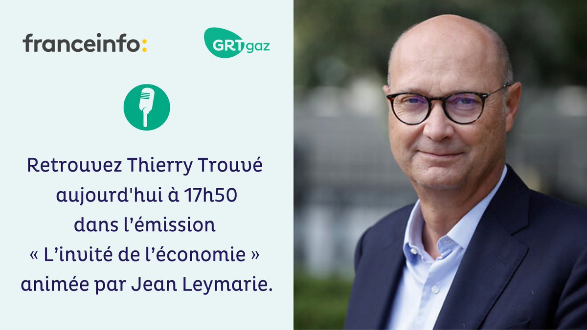 🎙️ <a href="/ThTrouve/">Thierry Trouve</a> sera au micro de <a href="/Jean_Leymarie/">Jean Leymarie</a> dans "l'invité éco" de <a href="/franceinfo/">franceinfo</a>.

Le DG de #GRTgaz s'exprimera sur la situation gazière actuelle et sur le virage du secteur en faveur des #gazrenouvelables &amp; de l’#hydrogène bas carbone.

À suivre à 17h50 👉 francetvinfo.fr/en-direct/tv.h…