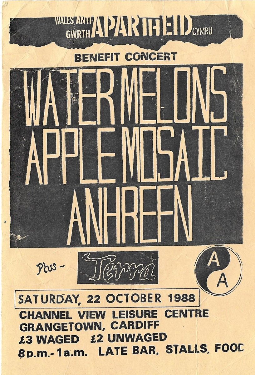 CardiffMH's tweet photo. Wales Anti Apartheid Benefit
Watermelons + Apple Mosaic + Anhrefn + Terra at Channel View Leisure Centre, 22nd October 1988
#applemosaic #anhrefn #caerdydd #cymru #cardiff #wales #cardifusichistory https://t.co/vnD21ppM2g