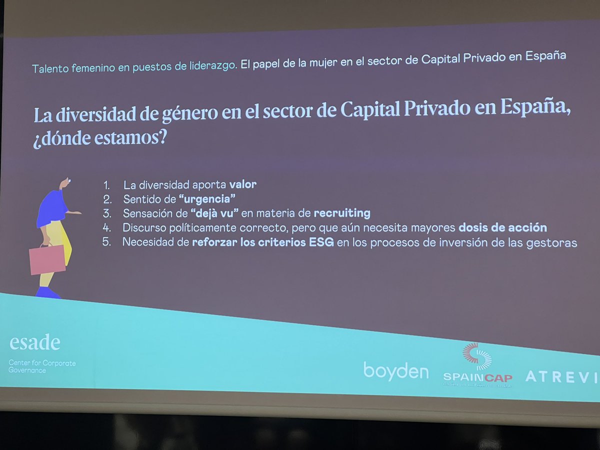 Como bien se ha comentado hoy en el evento de <a href="/ESADE/">Esade</a> junto con @ascri_info <a href="/Boydensearch/">Boyden search</a> y <a href="/Atrevia/">ATREVIA</a> “Hay que medir para mejorar”. Aquí dejo las recomendaciones y conclusiones del estudio “La mujer en el Capital Privado en España”, porque es un tema urgente pero también importante