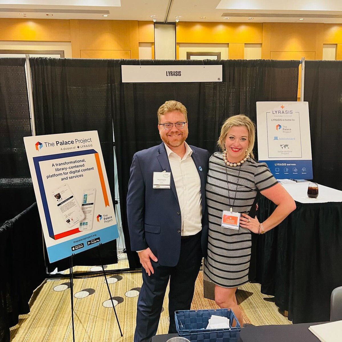 LYRASIS's tweet photo. We love seeing our members in person again! @KaitNeese @lyrasis &amp; @BrockPeoples @seflinlib at #FLACON22. Be sure to stop by our booth &amp; learn how we can support your communities. https://t.co/747Zkp0De5
