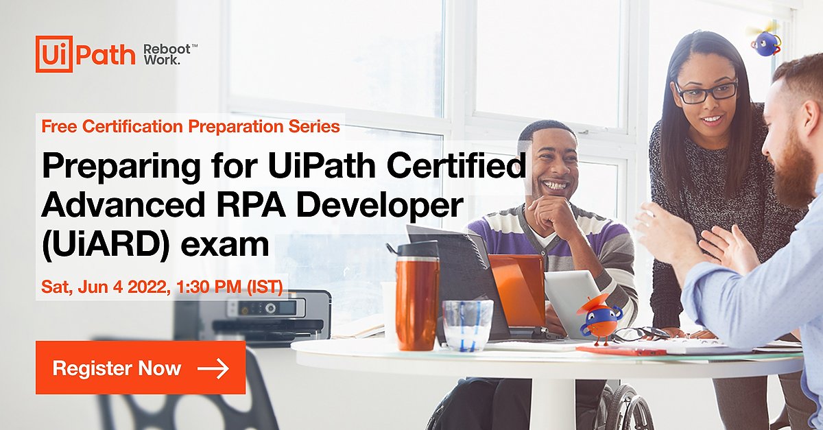 rrnamb's tweet photo. 📢 📚 Let’s get #UiPathCertified 
1️⃣ UiPath Certified Advanced RPA Developer (UiARD) exam
⏳ Sat, Jun 4, 1:30 PM (IST)
Register via - https://t.co/eQfPsFVop5
2️⃣ UiPath Certified RPA Associate (UiRPA) exam
⏳ Sat, Jun 11, 1:30 PM (IST)
Register via - https://t.co/pJ1PyRBcdp https://t.co/ieoPiq8ZIw
