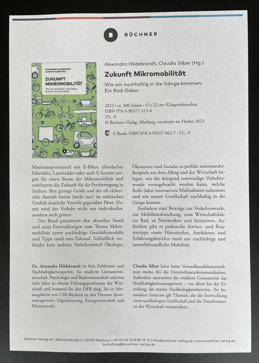 Heute kam die Verlagsankündigung für das neue Buch zur Zukunft #Mikromobilität (Schwerpunkt #Fahrrad ), das im Herbst beim <a href="/buechnerverlag/">Büchner-Verlag</a> erscheinen wird ⁦<a href="/C2C_NGO/">Cradle to Cradle NGO</a>⁩, ⁦<a href="/BlaueFarbe/">Tobias Loitsch 💯</a>⁩ ⁦<a href="/olaferfurt/">Olaf Schulze</a>⁩ <a href="/coachkickman/">one touch</a>⁩ ⁦<a href="/OllyBock/">OllyBock</a>⁩. 

buechner-verlag.de/buch/zukunft-m…
