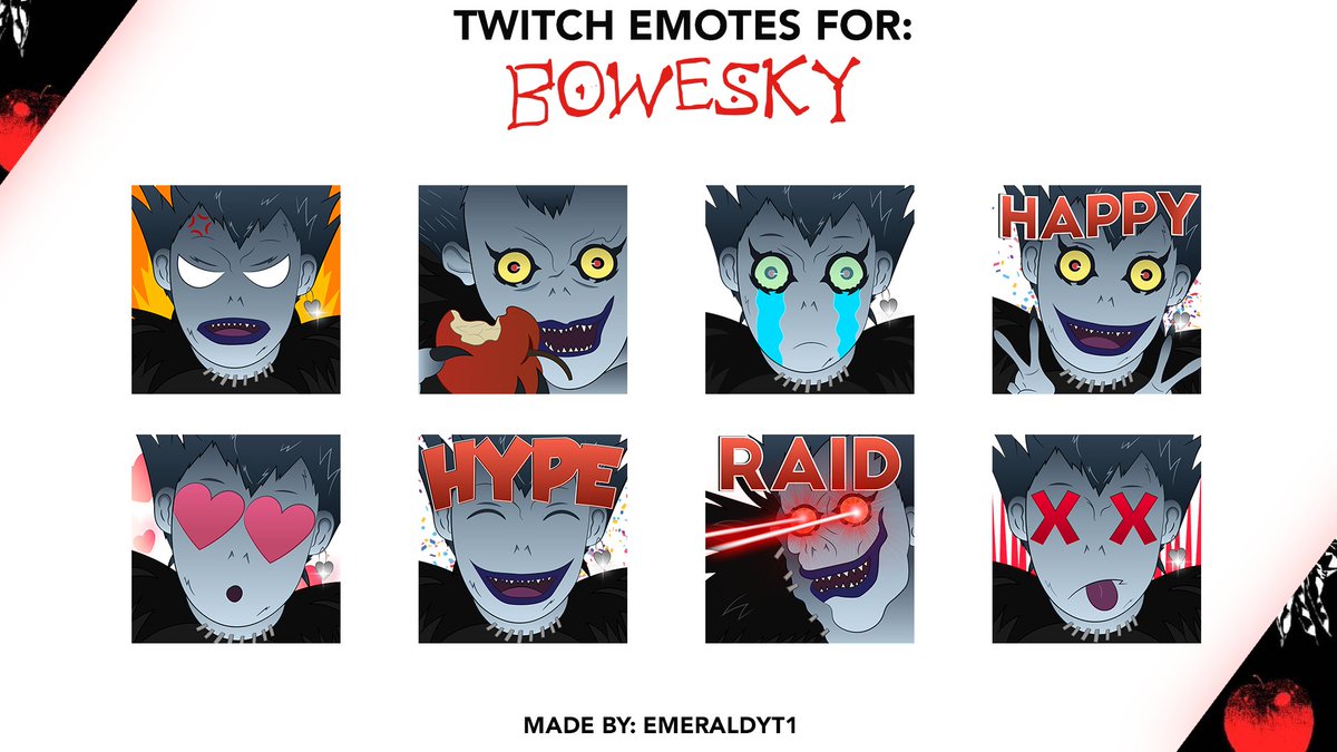 Emeraldxyzz's tweet photo. Last Emotes i made for @Bowesky, Death Note Emotes(Ryuk Emotes) Hopefully you like them!
#twitch #twitchstreamer #twitchaffiliate #twitchemotes #GraphicDesign #DeathNoteEmotes #RyukEmotes #DeathNote #DeathNoteArt #emotestwitch #Emotes https://t.co/JQ1h1oiiAi