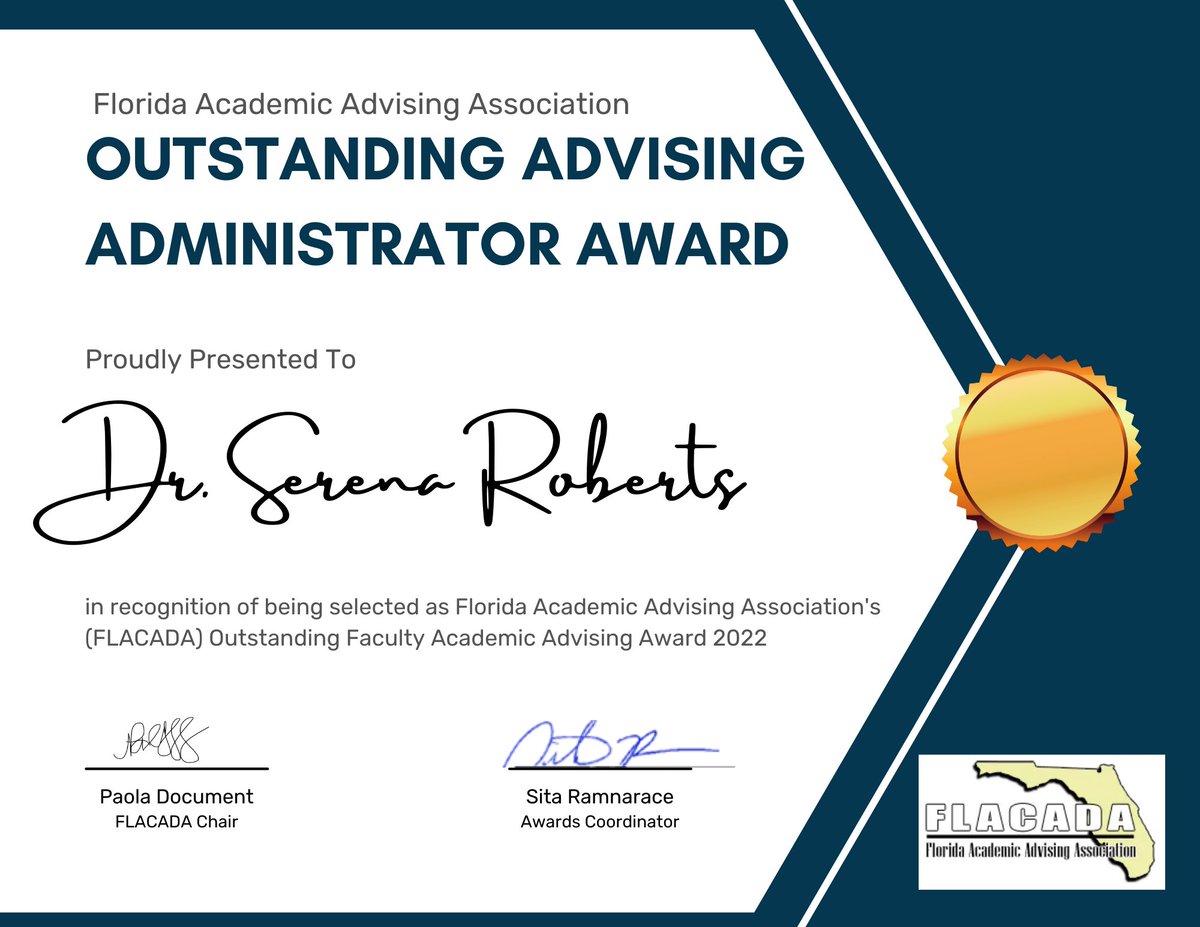 FLACADAFL's tweet photo. Congratulations to the 2022 FLACADA Advising Award Winners!  Special shoutout to our conference leaderboard contest winners as well!  Let's show them all some love.

To all who submitted nominations, these awards are not possible without your participation.  

#FLACADA2022 https://t.co/GNRRkf2rRl