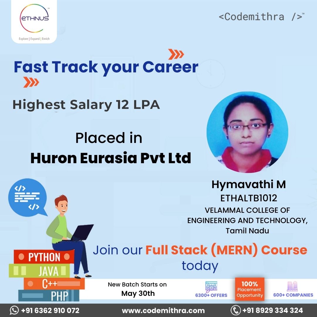 ethnus's tweet photo. Congratulations to our student Ms. Hymavathi M from Tamil Nadu on being placed in Huron Eurasia Pvt Ltd

Full Stack (MERN) Course with 100% Placement Opportunity.

To know more register now: https://t.co/YCM04ph6s9

#ethnus #codemithra #EthnusUs #fullstack #fullstackcareer https://t.co/P6CMD21z7A