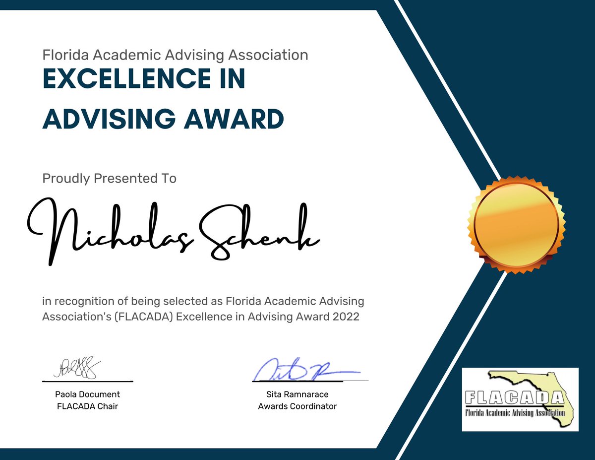FLACADAFL's tweet photo. Congratulations to the 2022 FLACADA Advising Award Winners!  Special shoutout to our conference leaderboard contest winners as well!  Let's show them all some love.

To all who submitted nominations, these awards are not possible without your participation.  

#FLACADA2022 https://t.co/GNRRkf2rRl