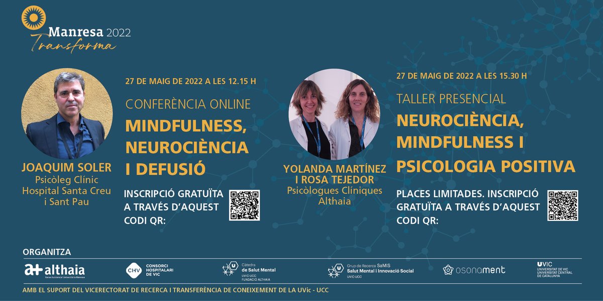 Fundació Althaia (@althaiamanresa) on Twitter photo 📌 27 de maig : "Mindfulness, neurociència i defusió"
Què passa en el cervell quan una persona medita? Per què té beneficis sobre la salut i el benestar?
Conferència online a càrrec del Dr. Joaquim Soler
✍️ Inscripció gratuïta bit.ly/3wsBOwI
@Manresa2022 <a href="/ajmanresa/">Ajuntament de Manresa</a> 📌 27 de maig : "Mindfulness, neurociència i defusió"
Què passa en el cervell quan una persona medita? Per què té beneficis sobre la salut i el benestar?
Conferència online a càrrec del Dr. Joaquim Soler
✍️ Inscripció gratuïta bit.ly/3wsBOwI
@Manresa2022 <a href="/ajmanresa/">Ajuntament de Manresa</a>