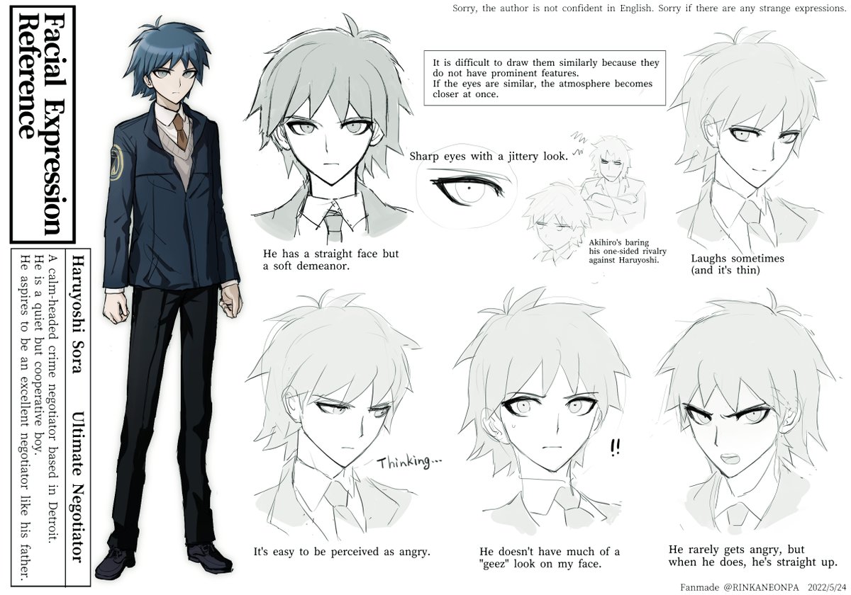 【表情設定画】Facial Expression Reference

超高校級の交渉人、曽良遙吉。林間論破の主人公です。
Haruyoshi Sora. Ultimate Negotiator. He is the protagonist of RINKANRONPA.

#林間論破　#創作論破　#fanganronpa