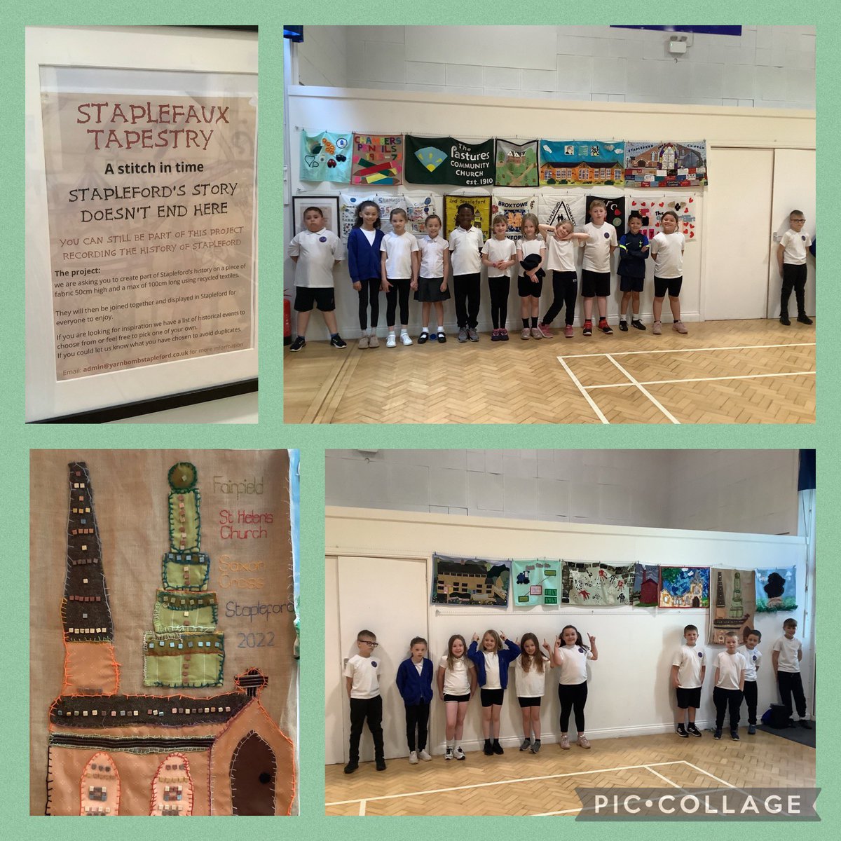 fairfieldnotts's tweet photo. We are proud to be hosting the #StaplefauxTapestry this week for #FringeWeek. The years 5’s contribution of St Helen’s Church and The Saxon Cross looks stunning against the other community projects all organised by Stapleford Yarnbombers! #FSA @Artsmarkaward #Community https://t.co/HjGARzwfLR