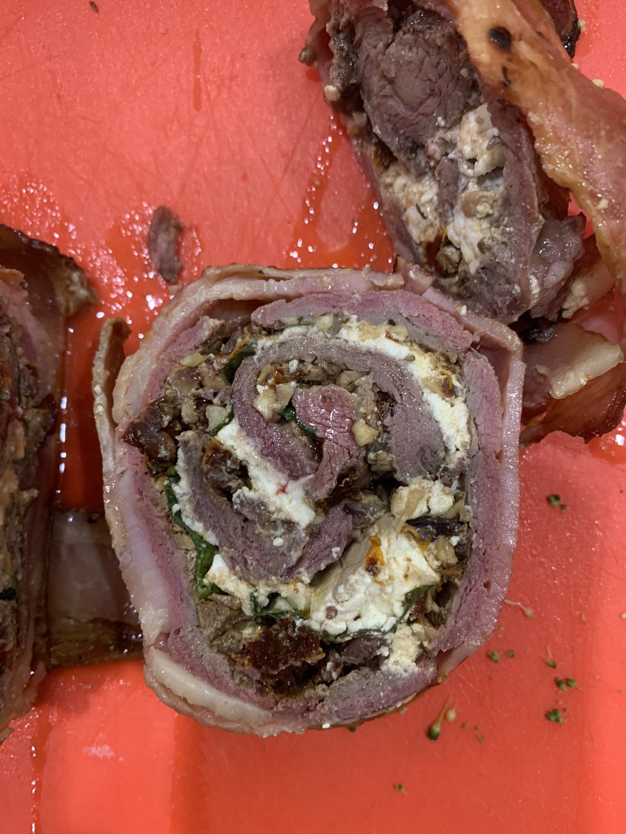 clarky244's tweet photo. Wild harvested Venison wrapped in bacon and stuffed with mushrooms, sundried tomato, feta, olive and goats cheese. #venison #wildgame #hunting #food #organic https://t.co/XFP9eliDZ3