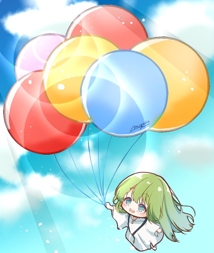 enkidu (fate) green hair balloon long hair solo smile robe sky  illustration images