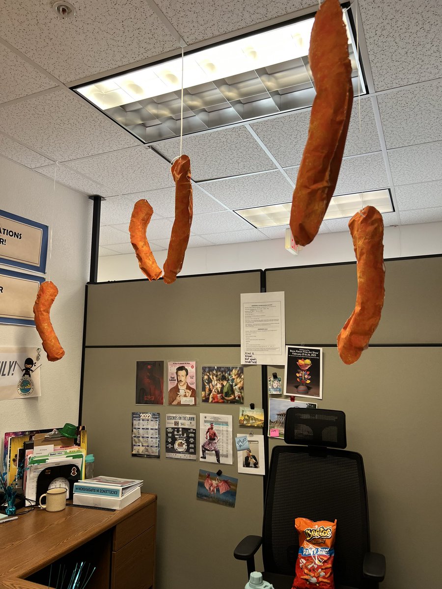 OnAirWithEmily's tweet photo. For my birthday…my coworkers decorated my office as if @ChesterCheetah had an art installation at the Met. I’m dead. 🥰😍 https://t.co/BLb2F58ray
