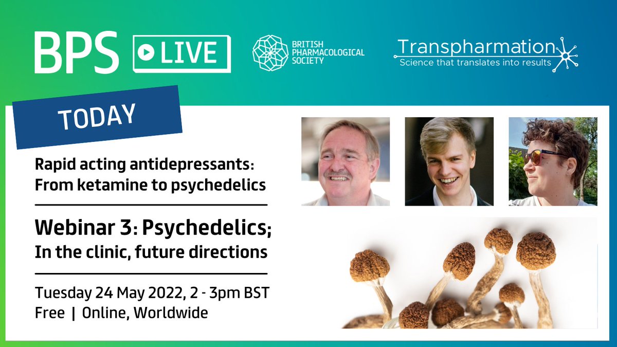 BritPharmSoc's tweet photo. TODAY, 2pm BST - our final #BPSLive webinar in our 'Rapid acting #antidepressants: From #ketamine to #psychedelics' series. Register for free now: https://t.co/XObi7v9hQX

@ProfDavidNutt
@_Hydrofluoric
@ellenheather
@imperialcollege
 @Drug_Science
 @clerkenwell_uk
 @SmallPharma https://t.co/f5b3lxSXfj