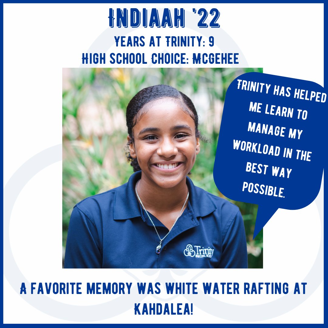Last, but certainly not least, we are spotlighting Indiaah! 

Congratulations to the entire Class of 2022 on your last day of school. You have come so far and will go on to do big things! #trinitynola #classof2022 #lastdayofschool