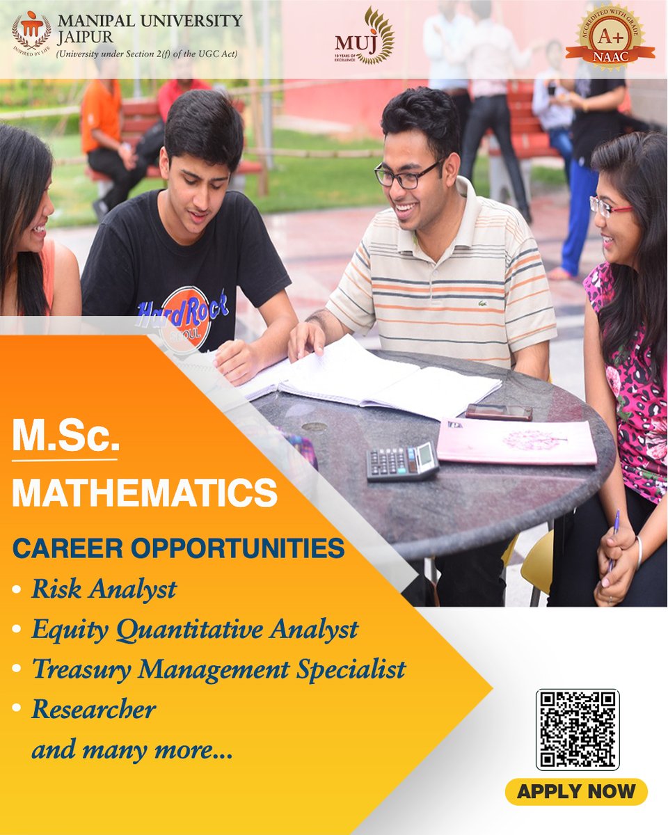 Jaipur_Manipal's tweet photo. #MSc #Mathematics program is offered by #MUJ.
#AdmissionsOpen
https://t.co/uRbAmOYcX5
#ManipalUniversityJaipur #MUJ #MScMaths #Numbers #Graduates #MSc #AdmissionsOpen #Maths #Admissions2022 #mathematics
#RiskAnalyst #EquityQuantitativeAnalyst #Researcher #Math #Mathematician https://t.co/uiizxmom2G
