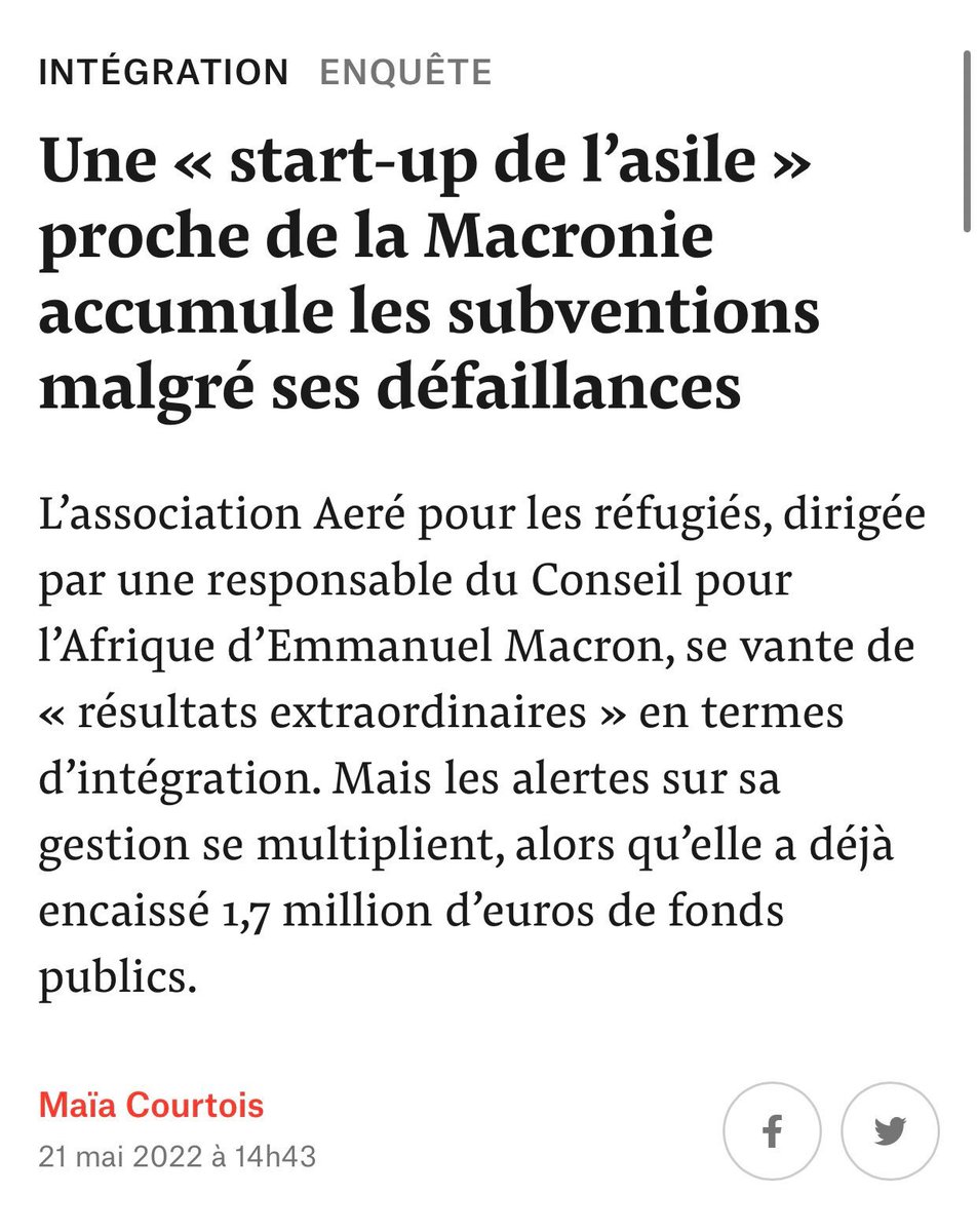 stopmacron's tweet photo. Beaucoup d’argent gaspillé mais ceci ne semble vraiment pas un souci lorsqu’on est proche de la macronie #subvention #refugie #defaillance #aere. Un réel contrôle du parlement sur le gouvernement est essentiel avec un groupe de droite fort à l’assemblée! En juin, #resistance https://t.co/KjPgPMkLsp