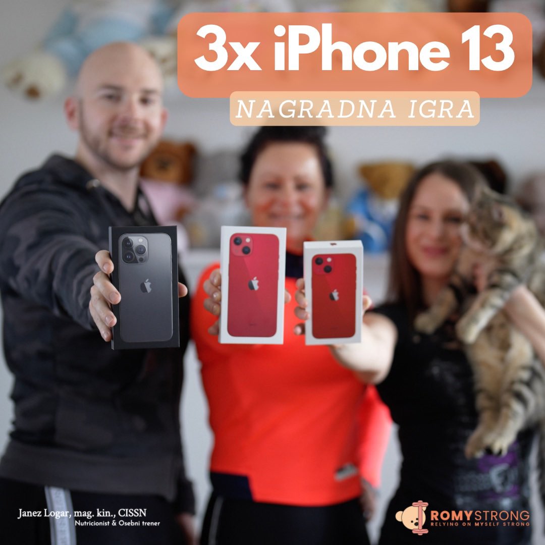 romy_strong's tweet photo. [3x iPhone GIVEAWAY!]
🍎🍎🍎 V tej nori nagradni igri v ROMYStrong ekipi podarjamo kar TRI iPhone 13❗️🤩🤩

Dva rdeča (navaden in mini model) ter enega grafitno sivega (Pro model)!

➡️ https://t.co/X0iTTMqO7l

#giveaway #nagradnaigra #appleiphone #romystrong #janezlogar https://t.co/RxxYG6rnNo
