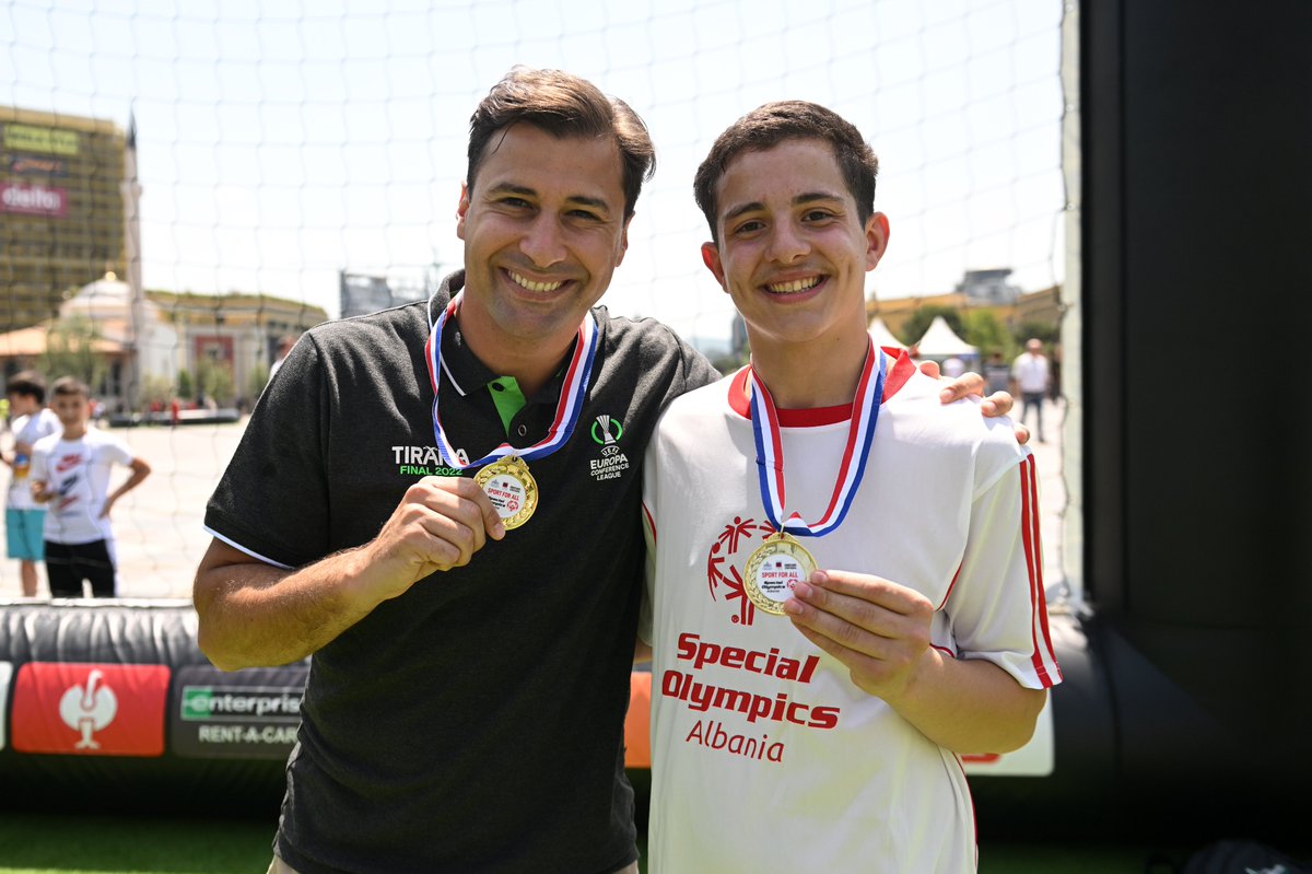 UEFA's tweet photo. 👏 A brilliant first day at the #UECLfinal festival with @SpecOlympicsEU and tournament ambassador Lorik Cana! 

🥇 The event saw Special Olympics Albania athletes with intellectual disabilities from three cities contest a mini tournament in Tirana's Skanderbeg Square. https://t.co/VtvNN3v1Vq