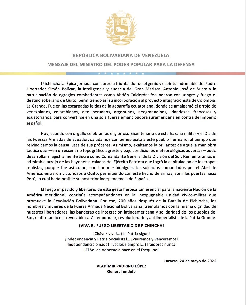 Mensaje del GJ Vladimir Padrino López con motivo al Bicentenario de la Batalla de Pichincha
Enlace: bit.ly/38g0hfu