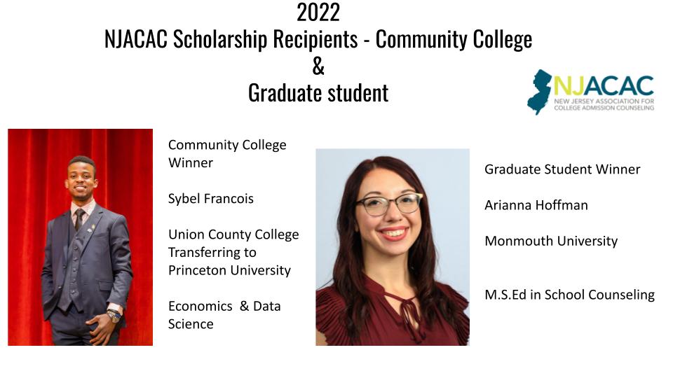 NJACAC is pleased to announce the 2022 recipients of our community college and graduate student scholarships!  Congratulations scholars!
@UCCweb <a href="/Princeton/">Princeton University</a> <a href="/monmouthu/">Monmouth University</a>