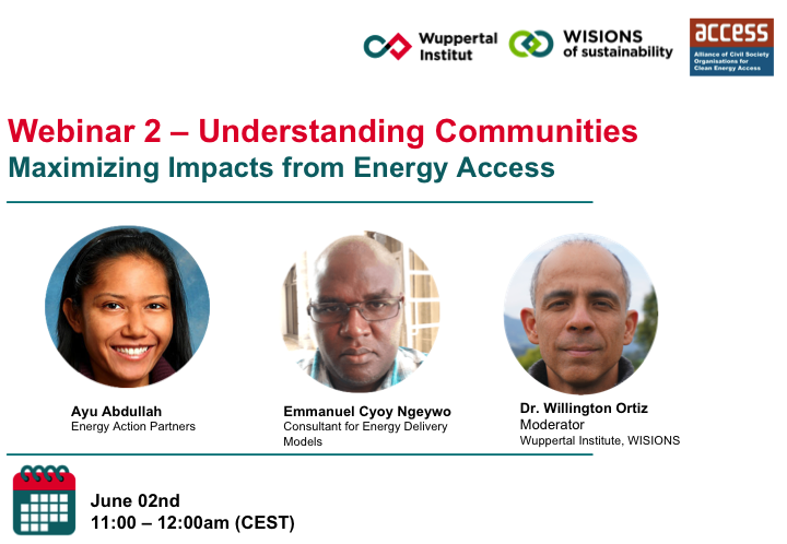 wisions's tweet photo. 📣 Upcoming WEBINAR

Together with @ACCESSCSOs and @enact_partners we will take a deep dive on how contextual and cultural aspects of people’s lives can be integrated into the realization of #energyprojects.

📅  June 02, 09:00-10:00 (GMT)
👉 Register HERE https://t.co/4rgRtzXYop https://t.co/gcQVcysksO