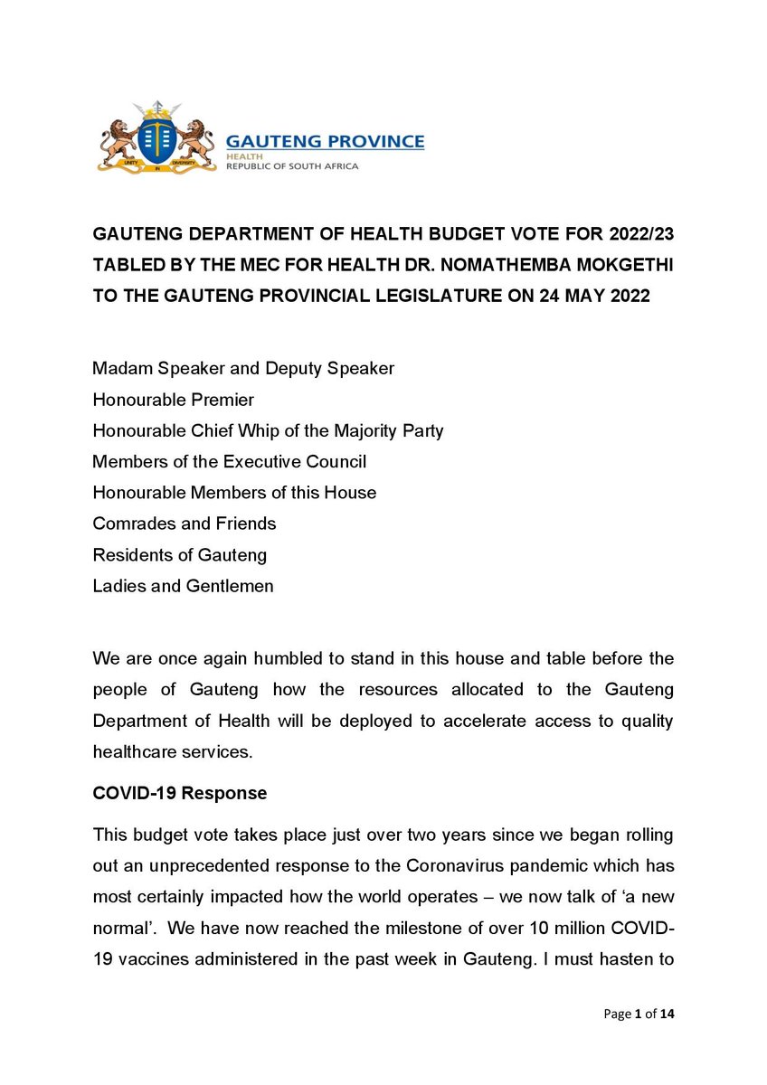 GautengHealth's tweet photo. #GPBudgetVote2022 || GAUTENG DEPARTMENT OF HEALTH BUDGET VOTE FOR 2022/23 TABLED BY THE MEC FOR HEALTH @DrMokgethi
TO THE @GPLegislature ON 24 MAY 2022 #GPHealthBudgetVote https://t.co/TOBWmCWMzF