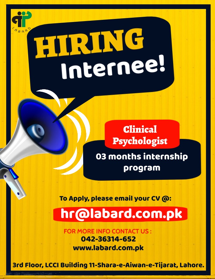 LabardOfficial's tweet photo. Internship Opportunities @ Labard !!!
-> Clinical Psychologist
-> email your cv at hr@labard.com.pk
#Labard #internship #lahore #ApplyNow #SendCV https://t.co/3A4bjycdJm