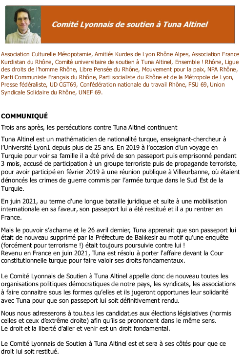 SolidairesRhone's tweet photo. Trois ans après, les persécutions contre #TunaAltinel continuent.
Communiqué du Comité Lyonnais de soutien à Tuna Altinel auquel participe Solidaires Rhône
@SoutienTuna @TunaALTINEL https://t.co/8sxYfTTzhk