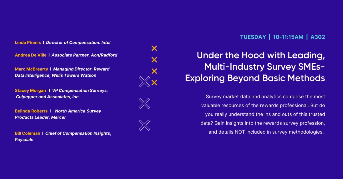 .<a href="/WorldatWork/">WorldatWork</a> #Rewards22 is off to a great start &amp; we're ready to take on Day 2!

Come watch industry vendors &amp; practitioners from <a href="/intel/">Intel</a>, <a href="/Aon_plc/">Aon</a>, @mercer, #Culpepper &amp; @WTWhr + <a href="/payscale/">Payscale</a> 's own Bill Coleman, talk Under the Hood - Exploring Beyond Basic Methods @ 10 AM in A302.